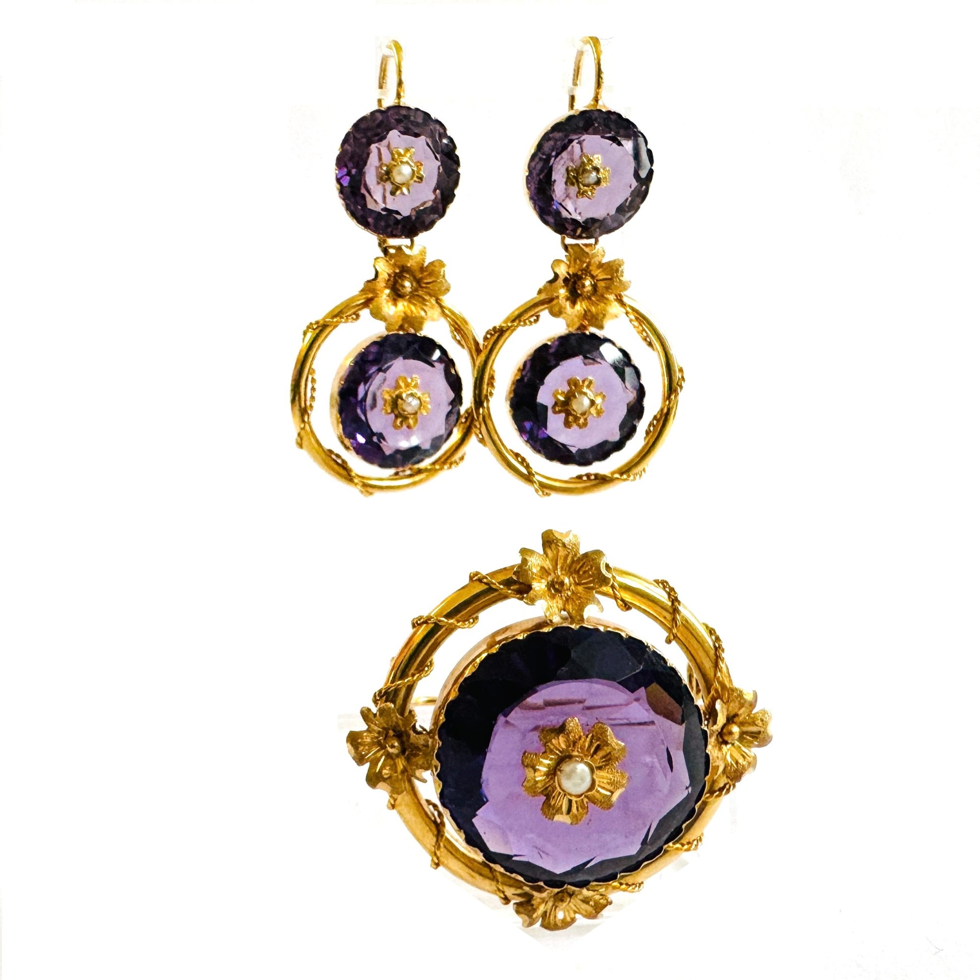 Victorian 18KT Yellow Gold Amethyst & Natural Pearl Set front