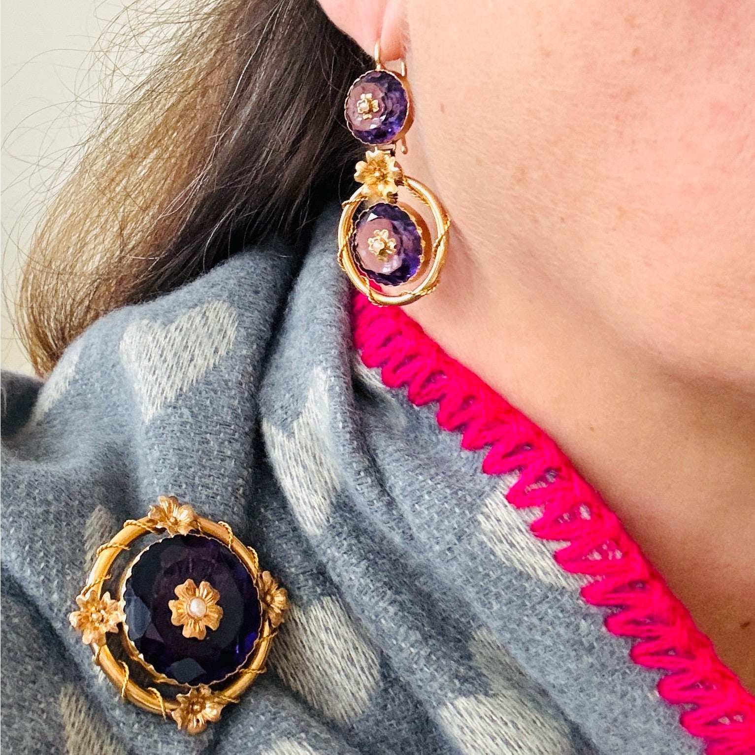Victorian 18KT Yellow Gold Amethyst & Natural Pearl Set on ear and blouse