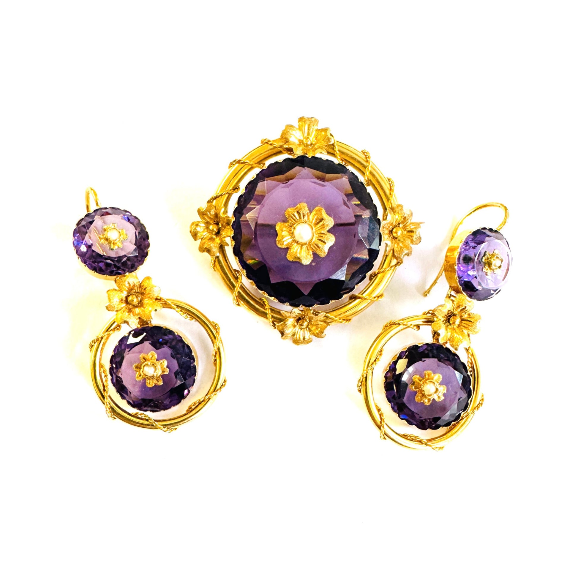Victorian 18KT Yellow Gold Amethyst & Natural Pearl Set front