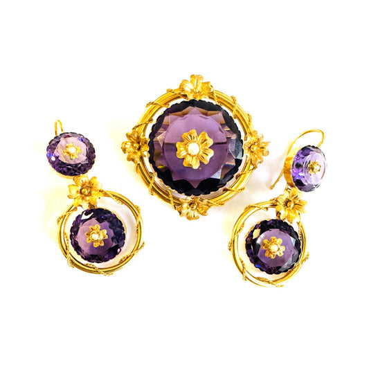 Victorian 18KT Yellow Gold Amethyst & Natural Pearl Set front