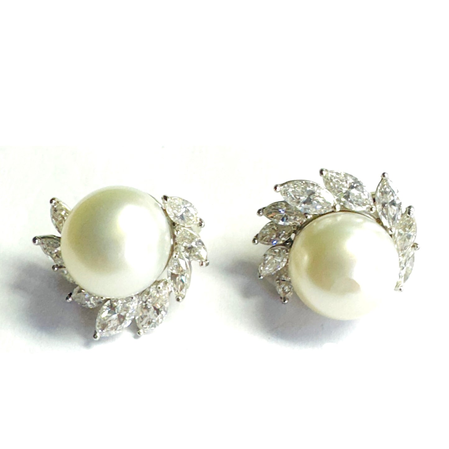 Herman Julius Wilm Berlin 1980s 18KT White Gold Cultured Pearl & Diamond Earrings front