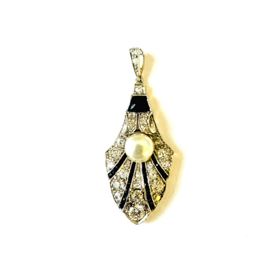 Art Deco Platinum Natural Pearl, Diamond & Onyx Palmette Pendant front