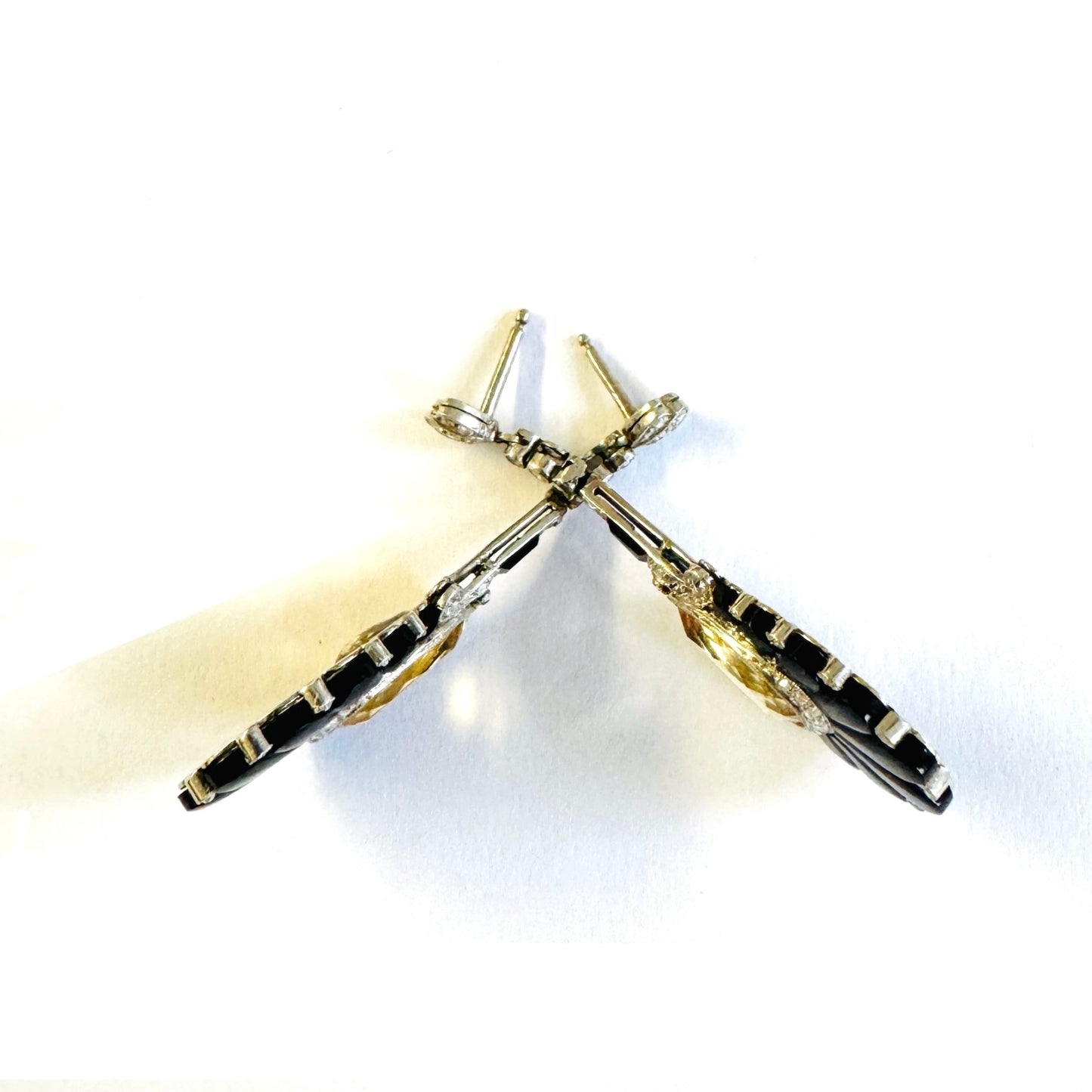 1930s Platinum Topaz, Diamond & Onyx Palmette Earrings side