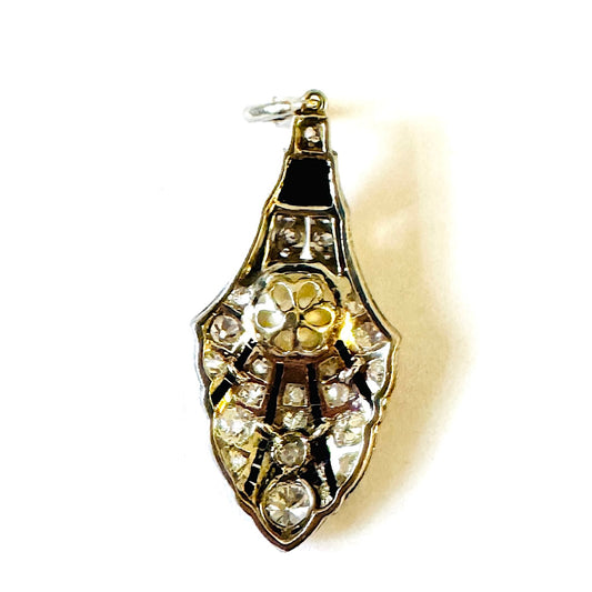 Art Deco Platinum Natural Pearl, Diamond & Onyx Palmette Pendant back