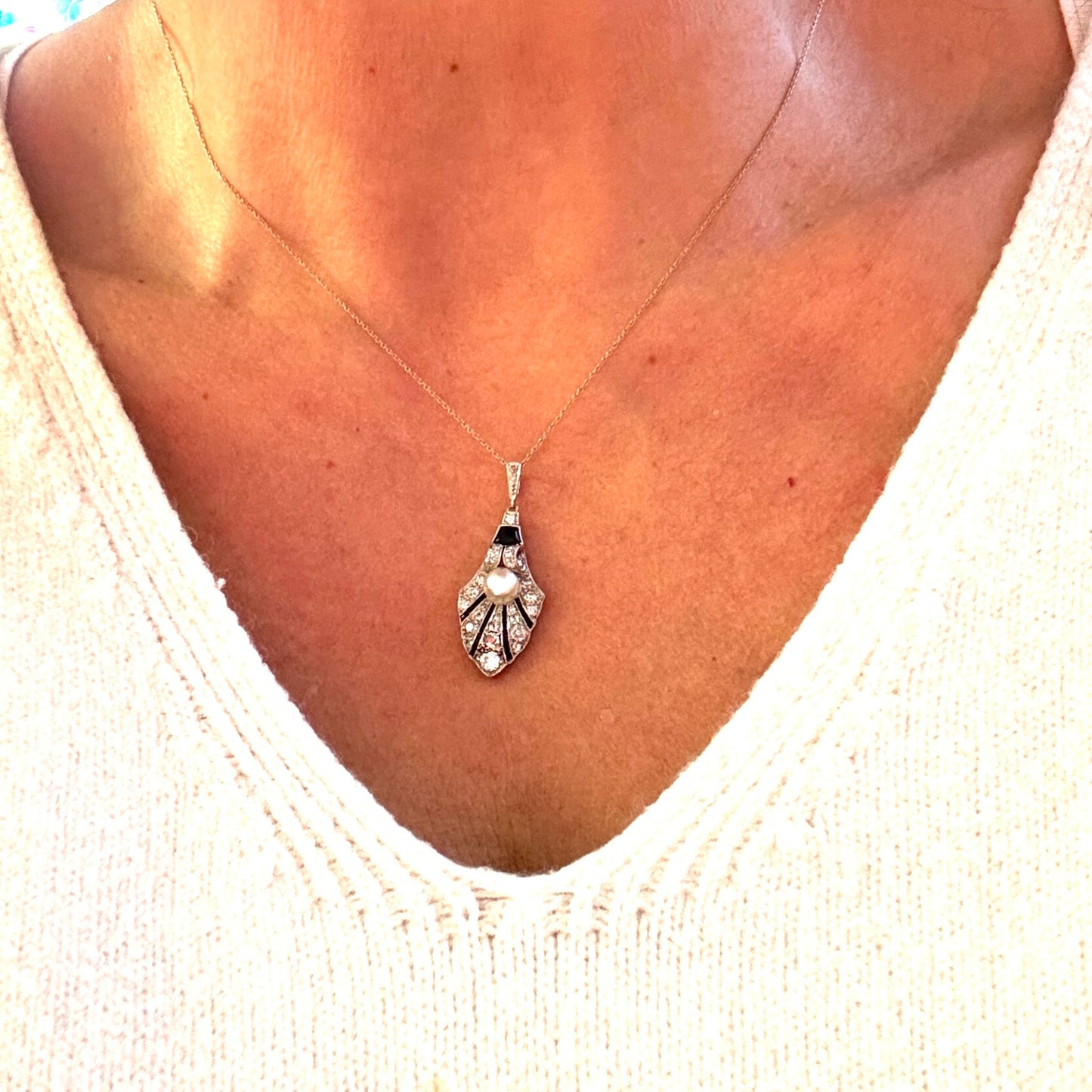 Art Deco Platinum Natural Pearl, Diamond & Onyx Palmette Pendant on neck