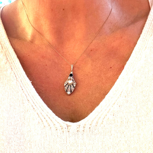Art Deco Platinum Natural Pearl, Diamond & Onyx Palmette Pendant on neck