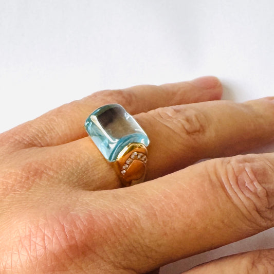 Bulgari Post-1980s 18KT Rose Gold Topaz & Diamond Ring on finger