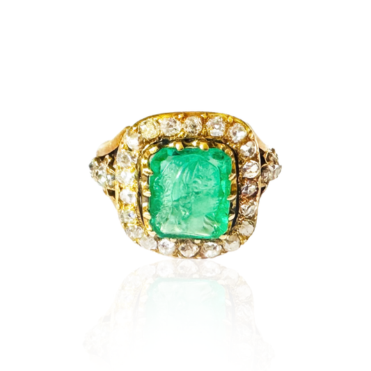 Victorian 18KT Yellow Gold Emerald & Diamond Ring front