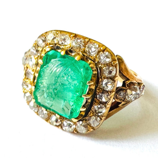 Victorian 18KT Yellow Gold Emerald & Diamond Ring side