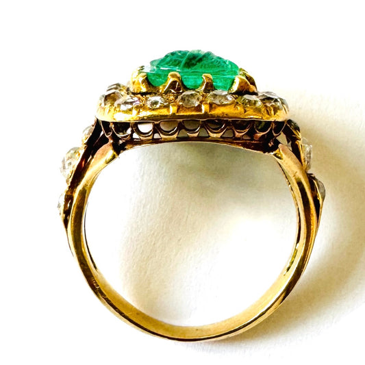 Victorian 18KT Yellow Gold Emerald & Diamond Ring profile