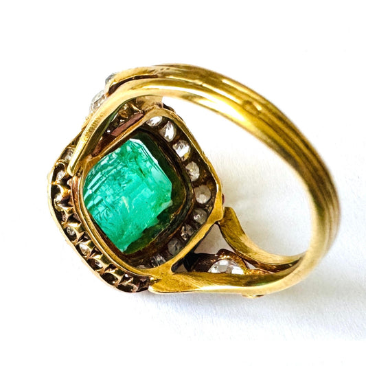Victorian 18KT Yellow Gold Emerald & Diamond Ring back