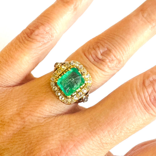 Victorian 18KT Yellow Gold Emerald & Diamond Ring on finger