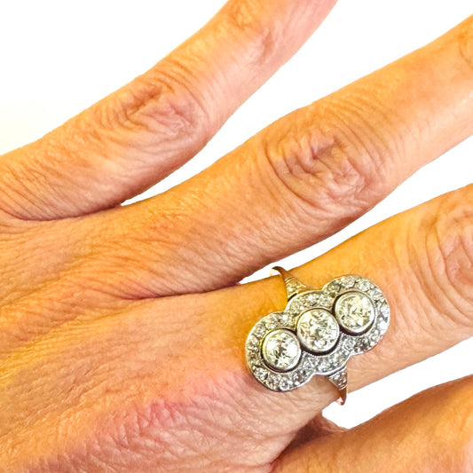 Edwardian Platinum & 18KT Yellow Gold Diamond Ring on finger