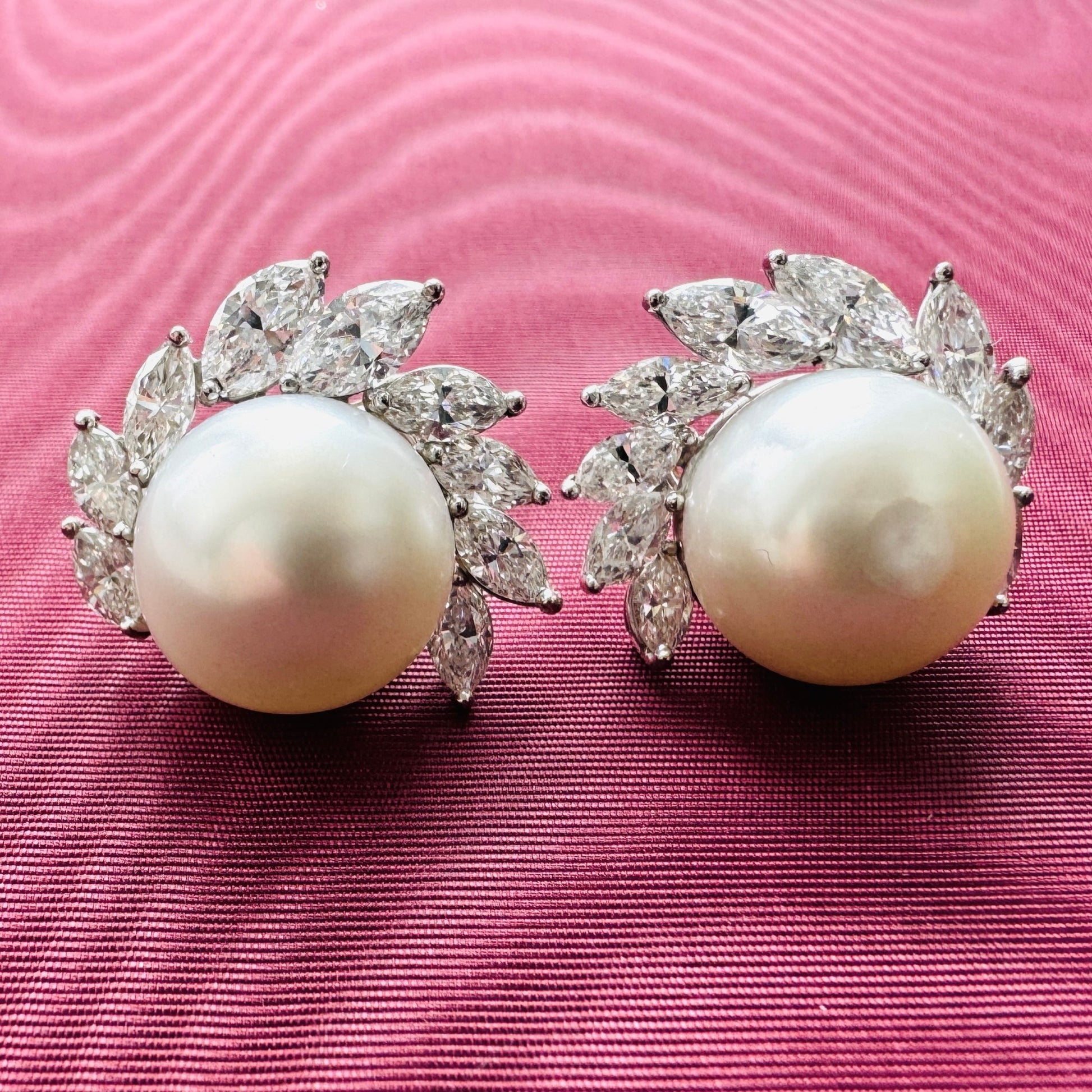 Herman Julius Wilm Berlin 1980s 18KT White Gold Cultured Pearl & Diamond Earrings front