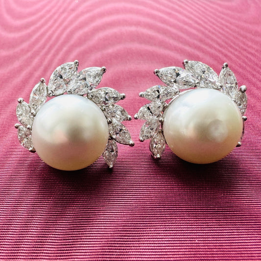 Herman Julius Wilm Berlin 1980s 18KT White Gold Cultured Pearl & Diamond Earrings front