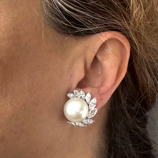 Herman Julius Wilm Berlin 1980s 18KT White Gold Cultured Pearl & Diamond Earrings on ear