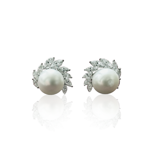 Herman Julius Wilm Berlin 1980s 18KT White Gold Cultured Pearl & Diamond Earrings front
