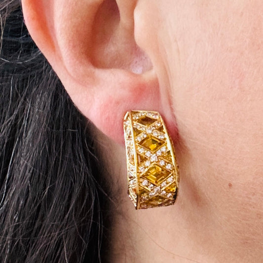 1980s 18KT Yellow Gold Citrine & Diamond Earrings on ear