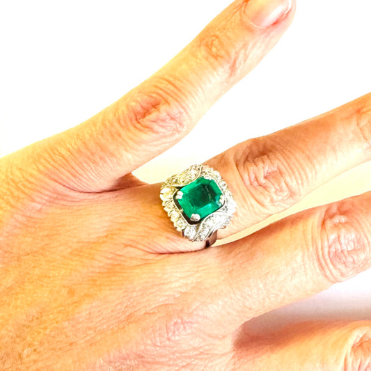1960s 14KT White Gold Emerald & Diamond Ring on finger