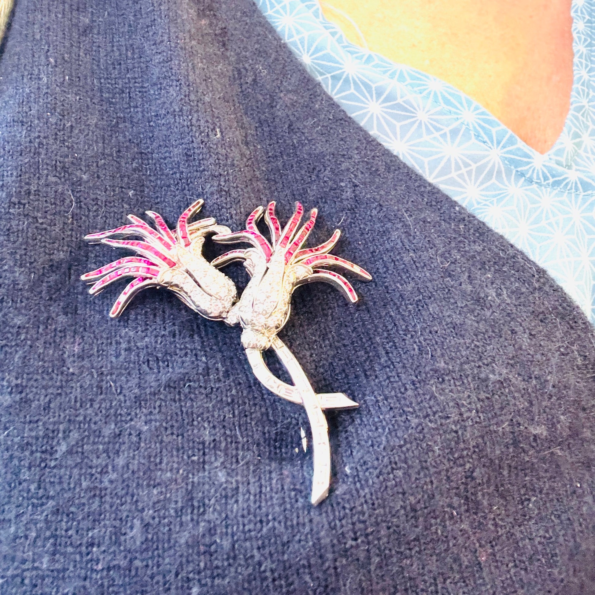 1930s Platinum Ruby & Diamond Brooch on blouse