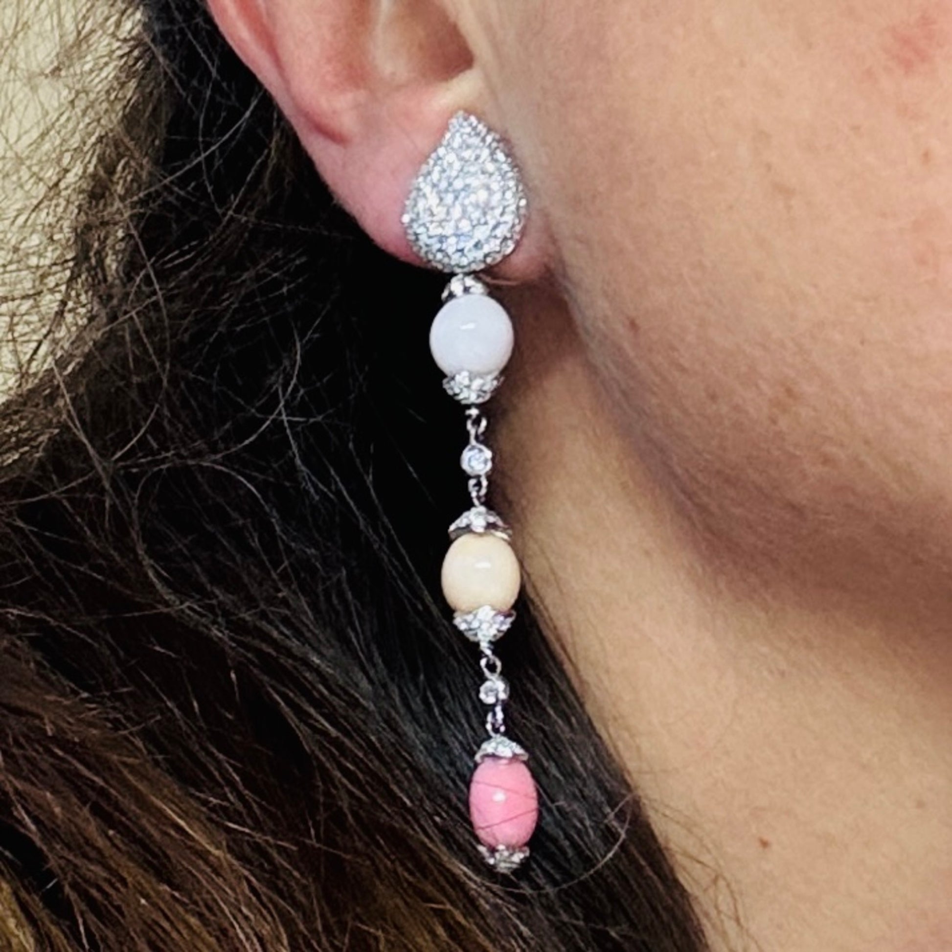 Tamara Comolli Post-1980s 18KT White Gold Conch Pearl & Diamond Earrings on ear