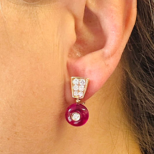 Bulgari Post-1980s 18KT Rose Gold Tourmaline & Diamond Earrings on ear