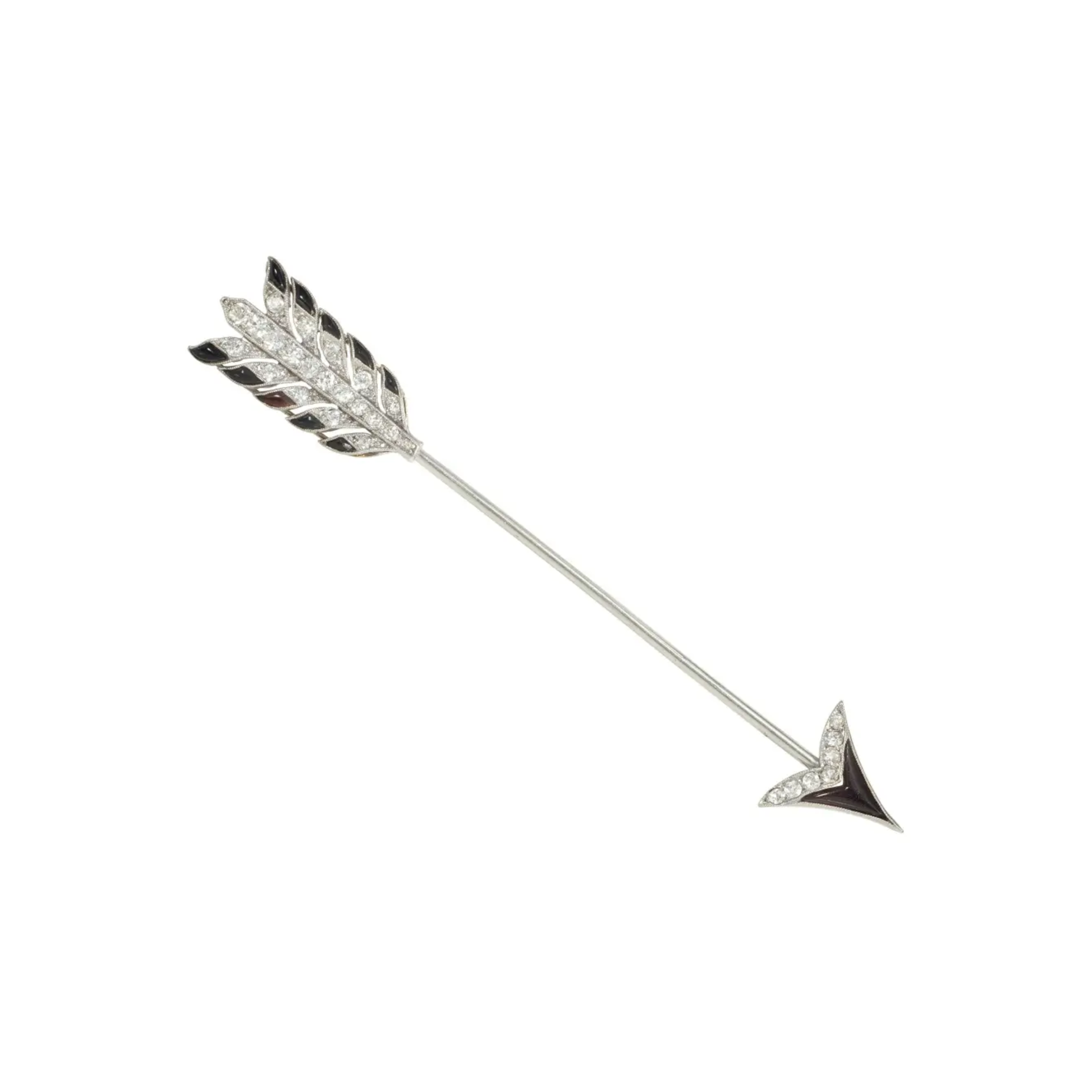 French Art Deco Platinum Diamond & Onyx Arrow Brooch front