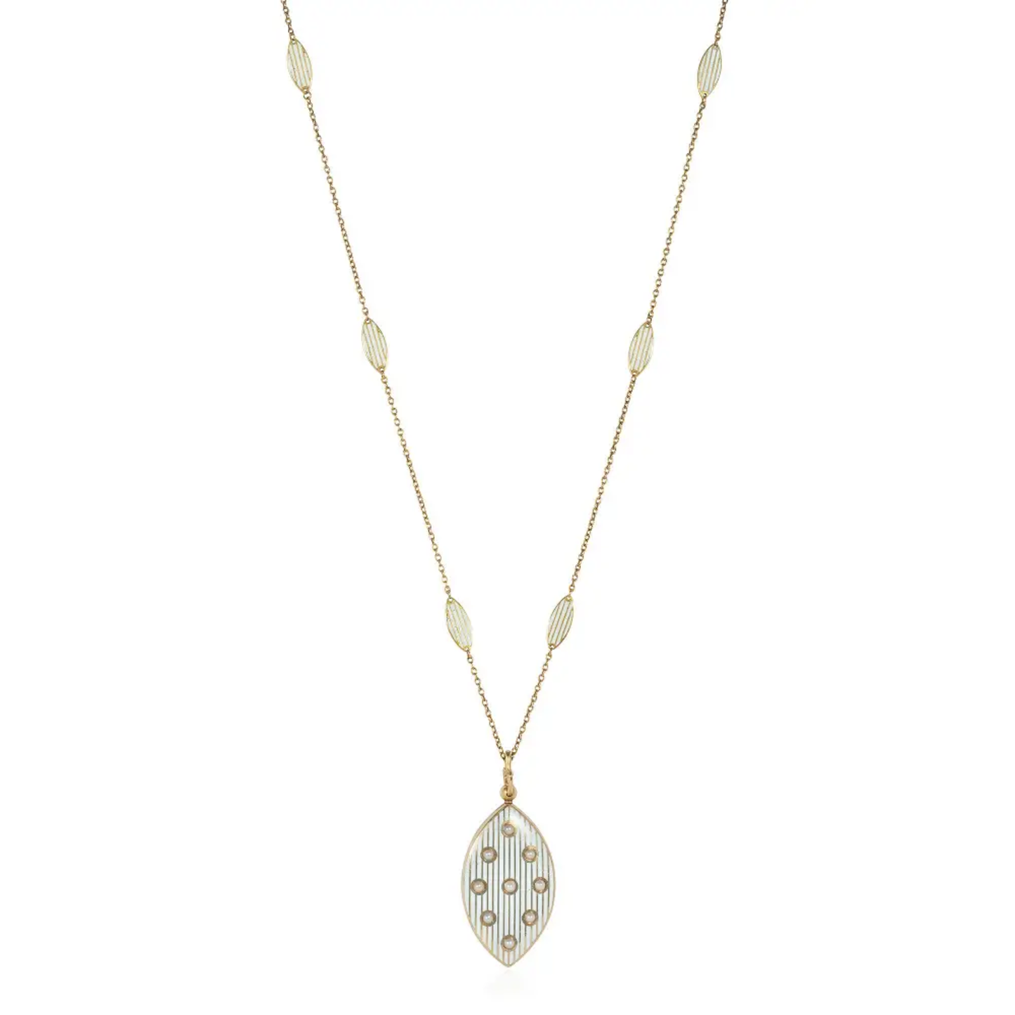 Riker Bros. Art Nouveau 14KT Yellow Gold Enamel & Natural Pearl Locket Necklace front