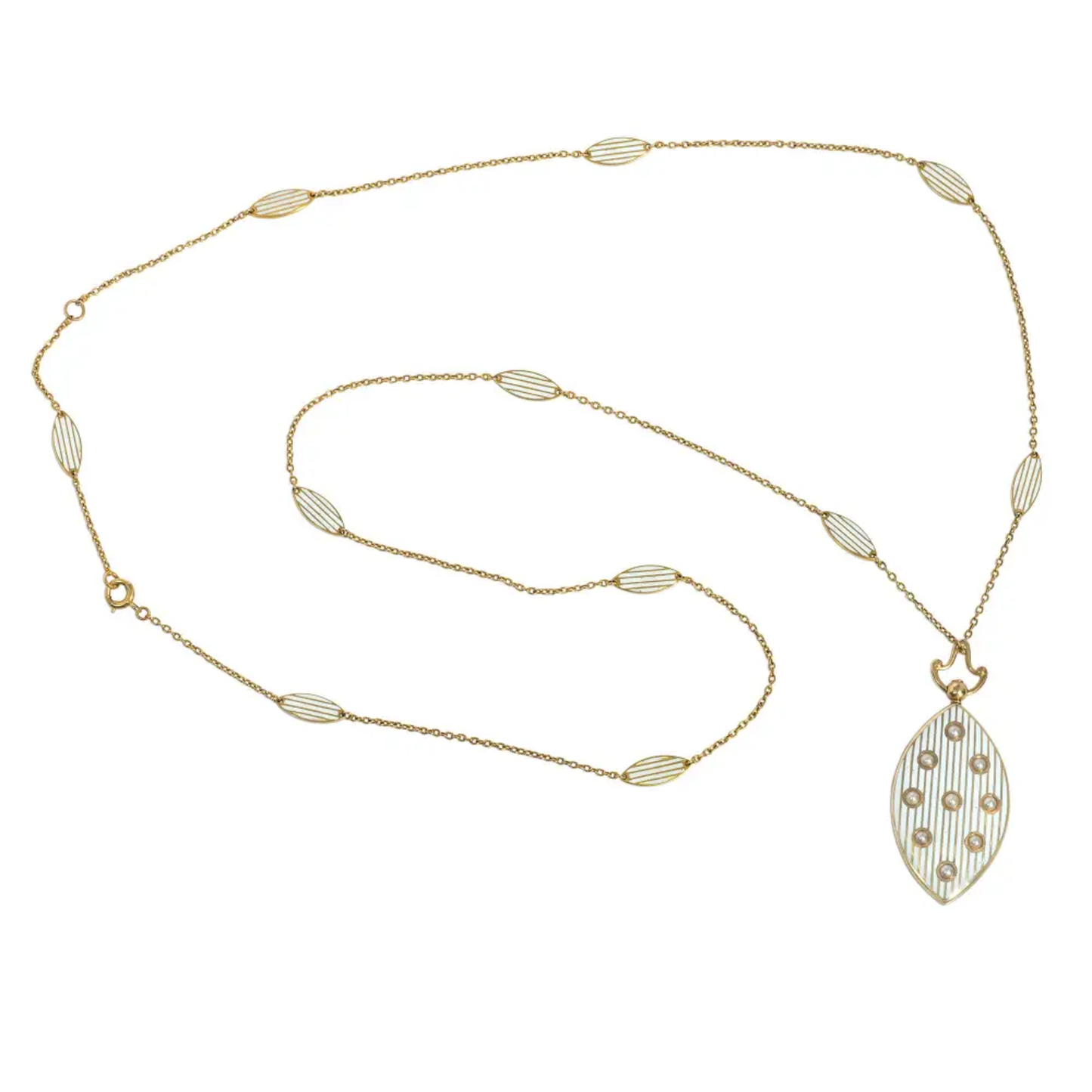 Riker Bros. Art Nouveau 14KT Yellow Gold Enamel & Natural Pearl Locket Necklace front