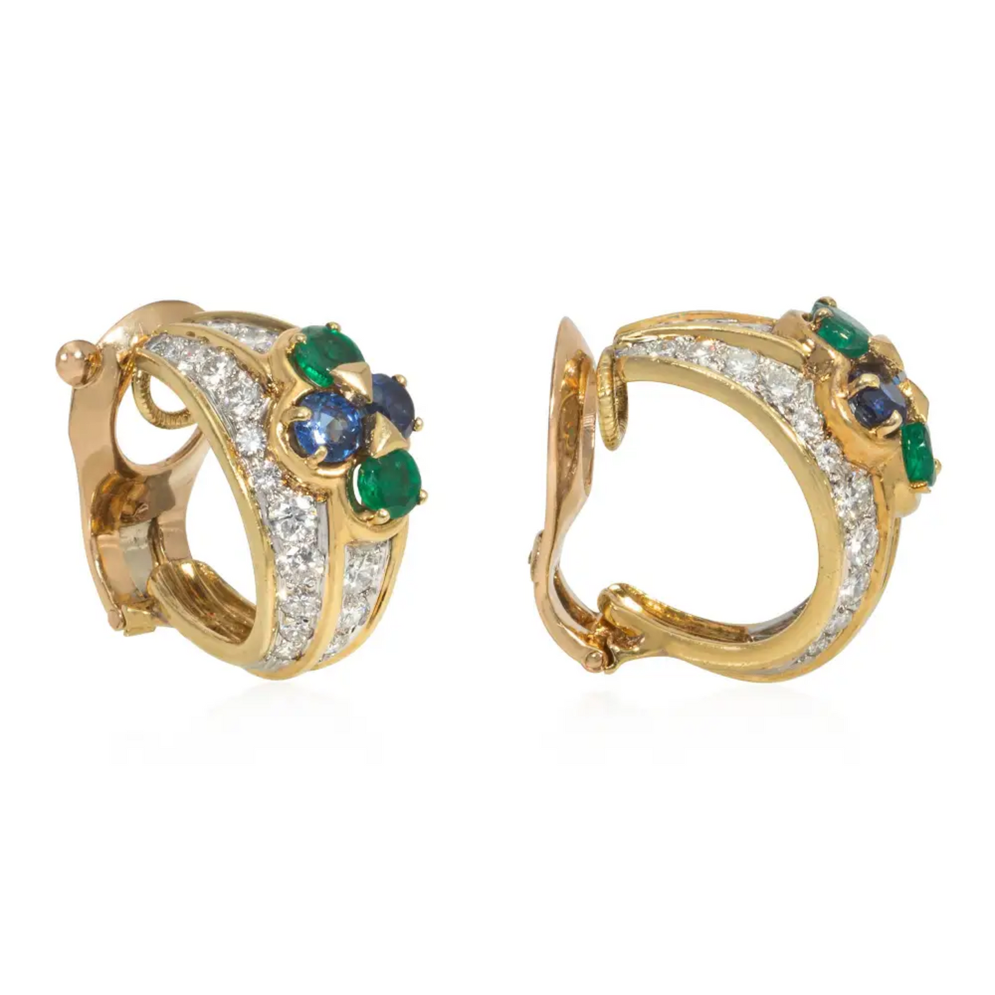 Van Cleef & Arpels France 1980s Platinum & 18KT Yellow Gold Diamond, Emerald & Sapphire Earrings side