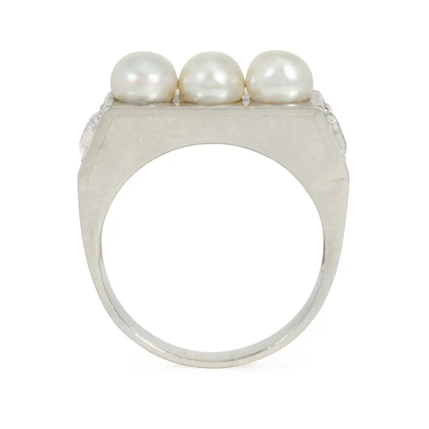 French Art Deco Platinum Natural Pearl & Diamond Ring profile