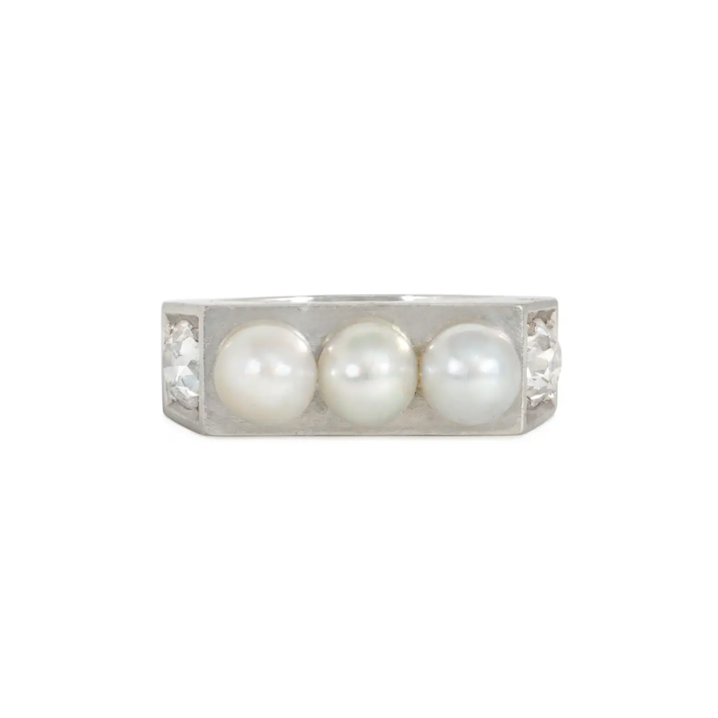 French Art Deco Platinum Natural Pearl & Diamond Ring front