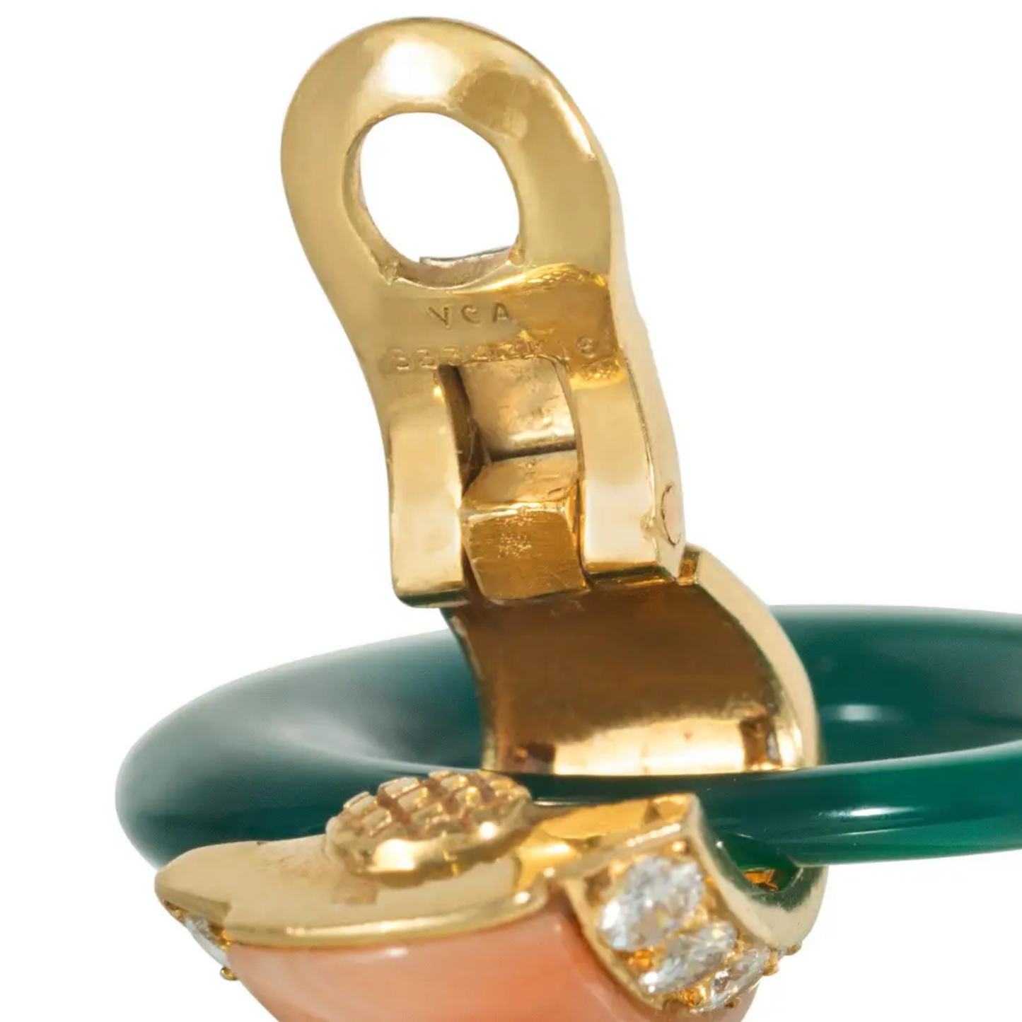 Van Cleef & Arpels France 1960s 18KT Yellow Gold Diamond, Chrysoprase & Coral Earrings signature