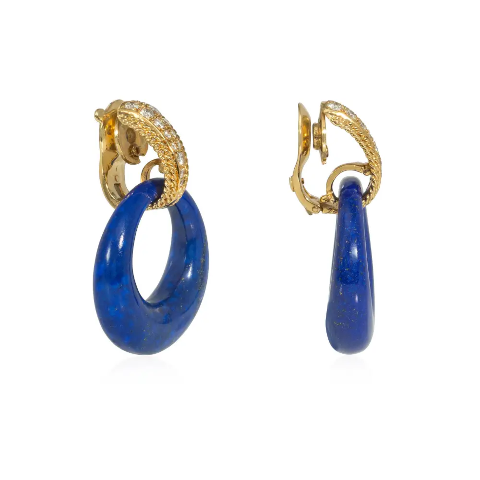 Van Cleef & Arpels France 1960s 18KT Yellow Gold Diamond, Abalone, Hematite & Lapis Lazuli Interchangeable Earrings side
