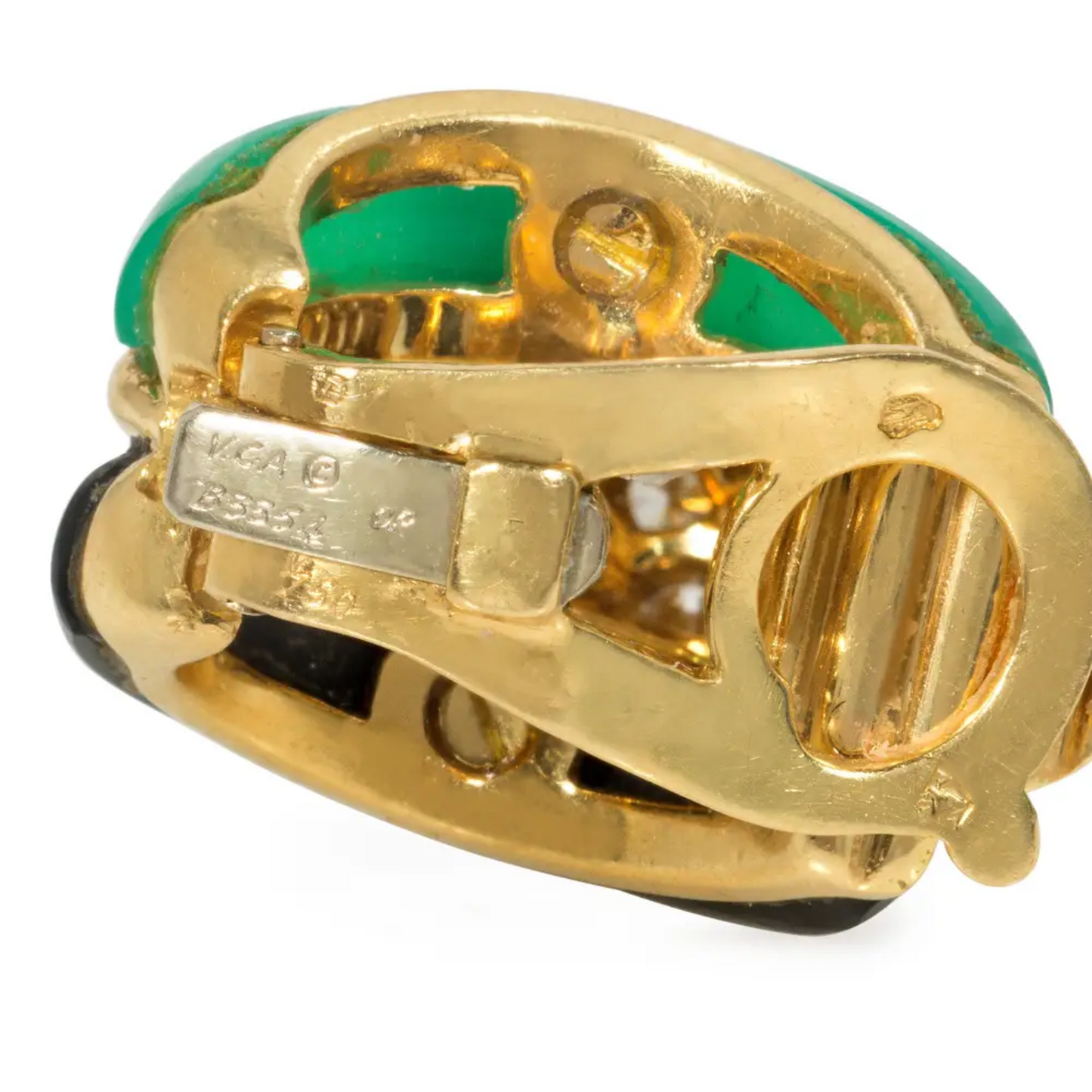 Van Cleef & Arpels France 1960s 18KT Yellow Gold Chrysoprase, Diamond & Onyx Earrings signature