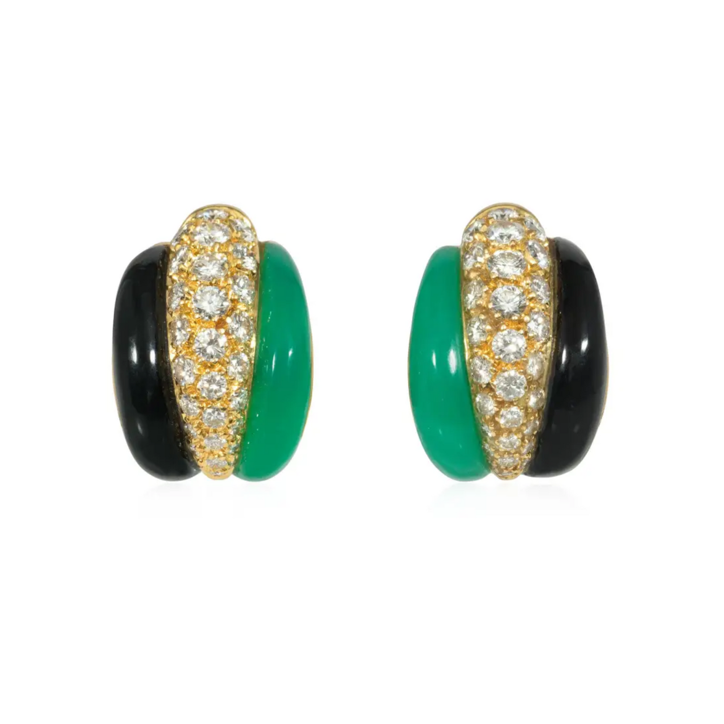 Van Cleef & Arpels France 1960s 18KT Yellow Gold Chrysoprase, Diamond, Onyx Earrings front