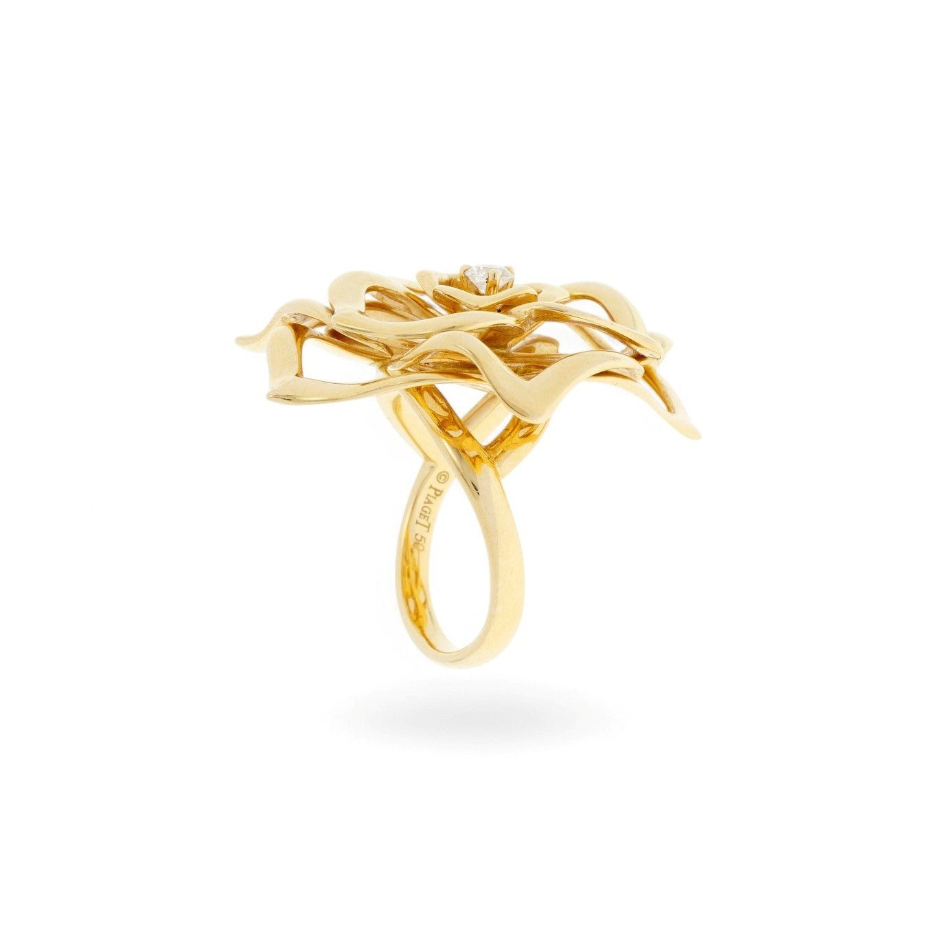 Piaget Post-1980s 18KT Yellow Gold Diamond Flower Ring side and signature