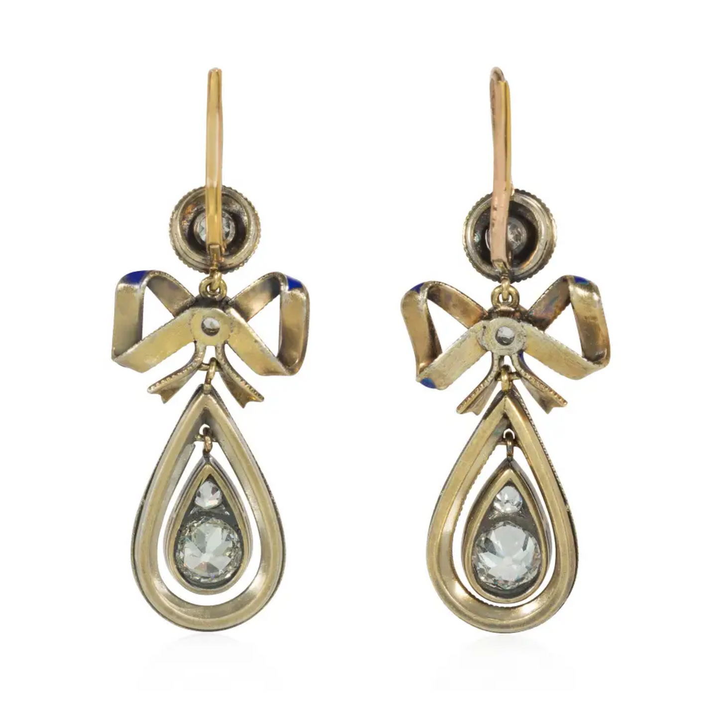 Russian Victorian Silver & 14KT Yellow Gold Enamel & Diamond Earrings back