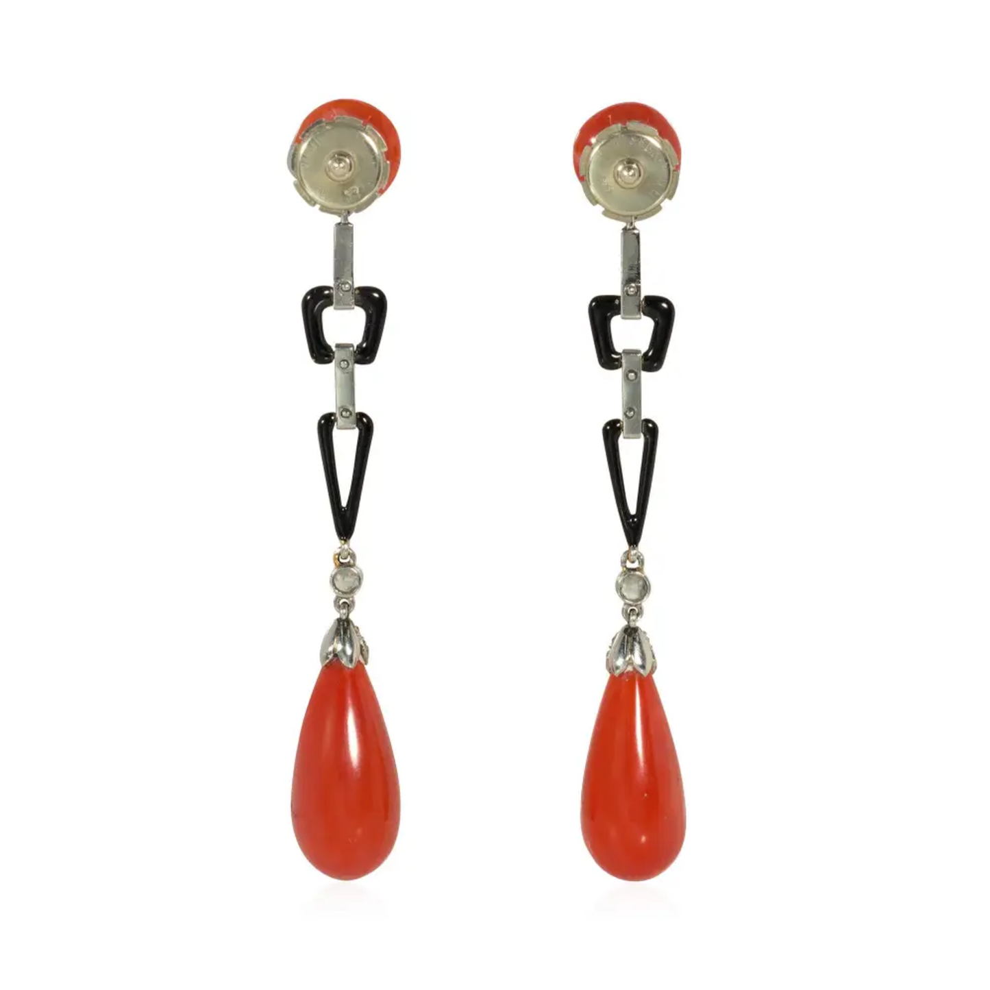 French Art Deco Platinum Coral, Diamond & Enamel Earrings back