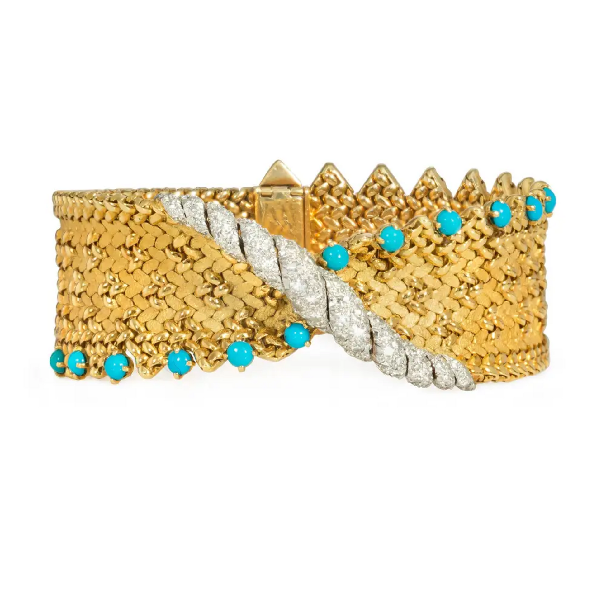 Georges Lenfant Paris 1950s Platinum & 18KT Yellow Gold Turquoise & Diamond Bracelet front