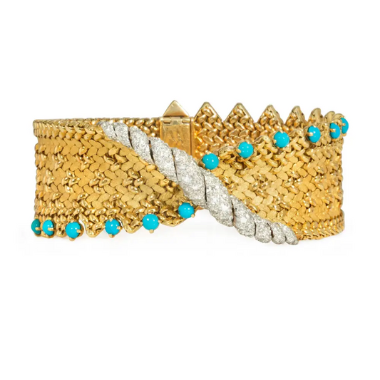 Georges Lenfant Paris 1950s Platinum & 18KT Yellow Gold Turquoise & Diamond Bracelet front
