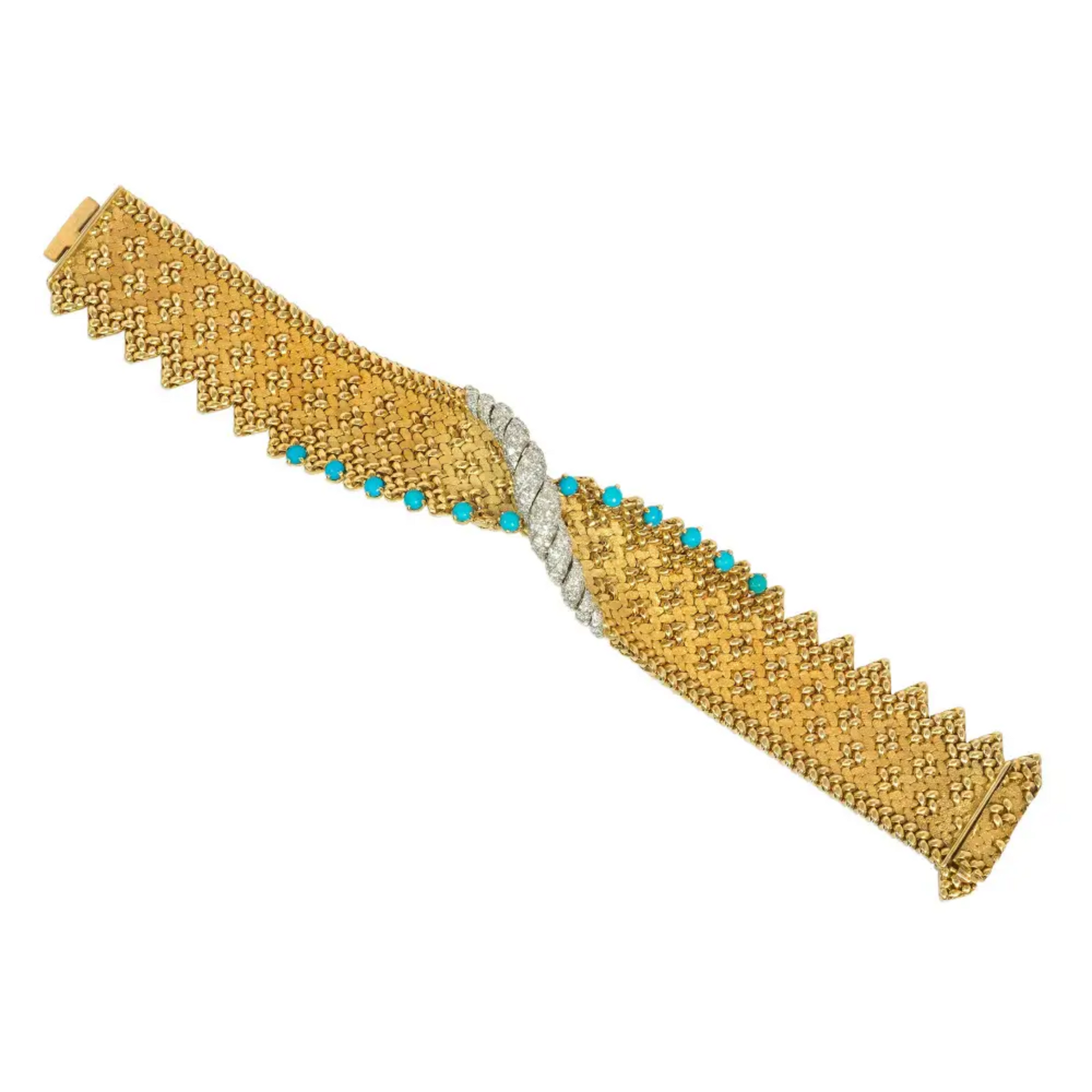 Georges Lenfant Paris 1950s Platinum & 18KT Yellow Gold Turquoise & Diamond Bracelet front