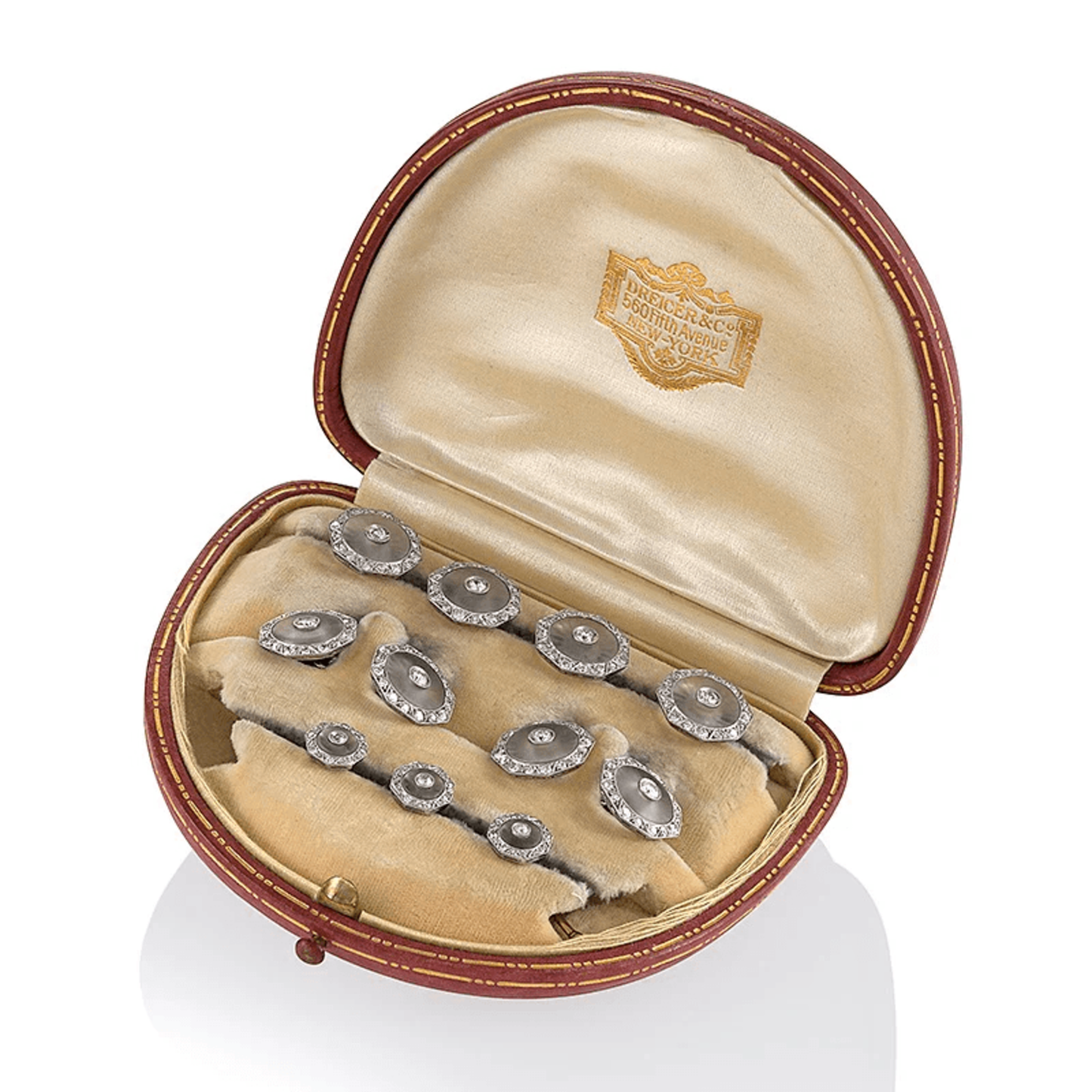 Krementz & Co. Art Deco Platinum & 14KT Yellow Gold Diamond & Rock Crystal Dress Set in box