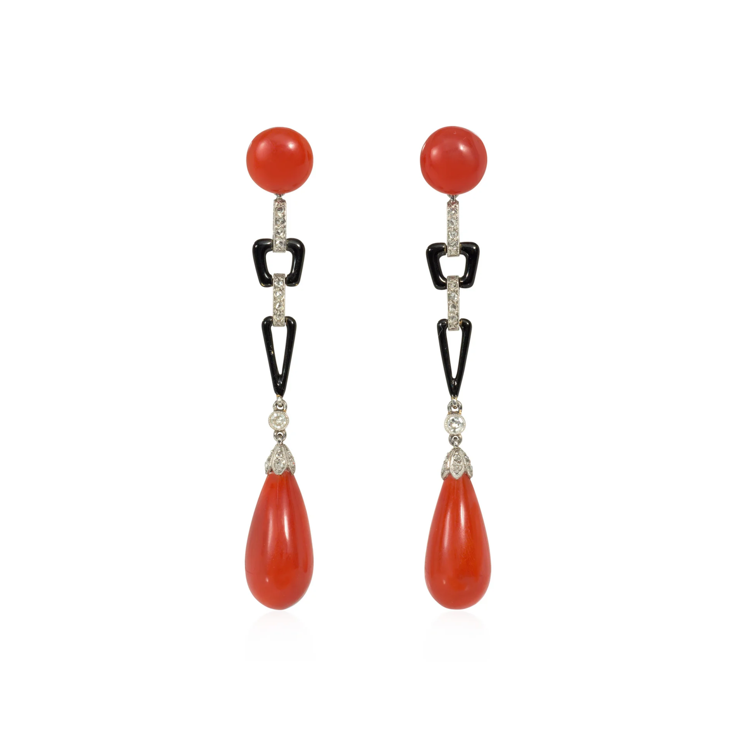 French Art Deco Platinum Coral, Diamond & Enamel Earrings front