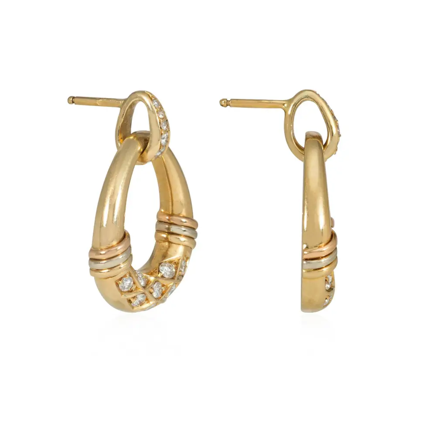 Cartier France 1980s 18KT Rose, White & Yellow Gold Diamond Earrings side