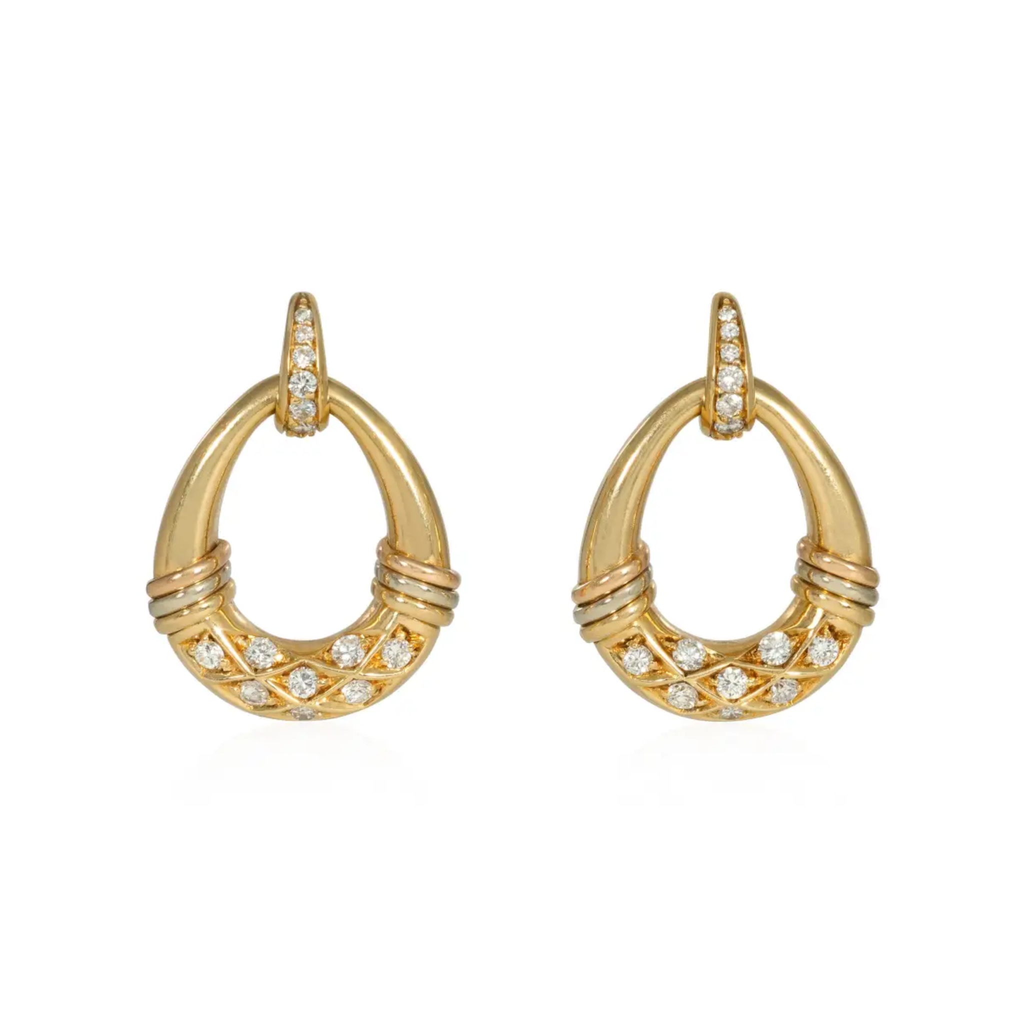 Cartier France 1980s 18KT Rose, White & Yellow Gold Diamond Earrings front
