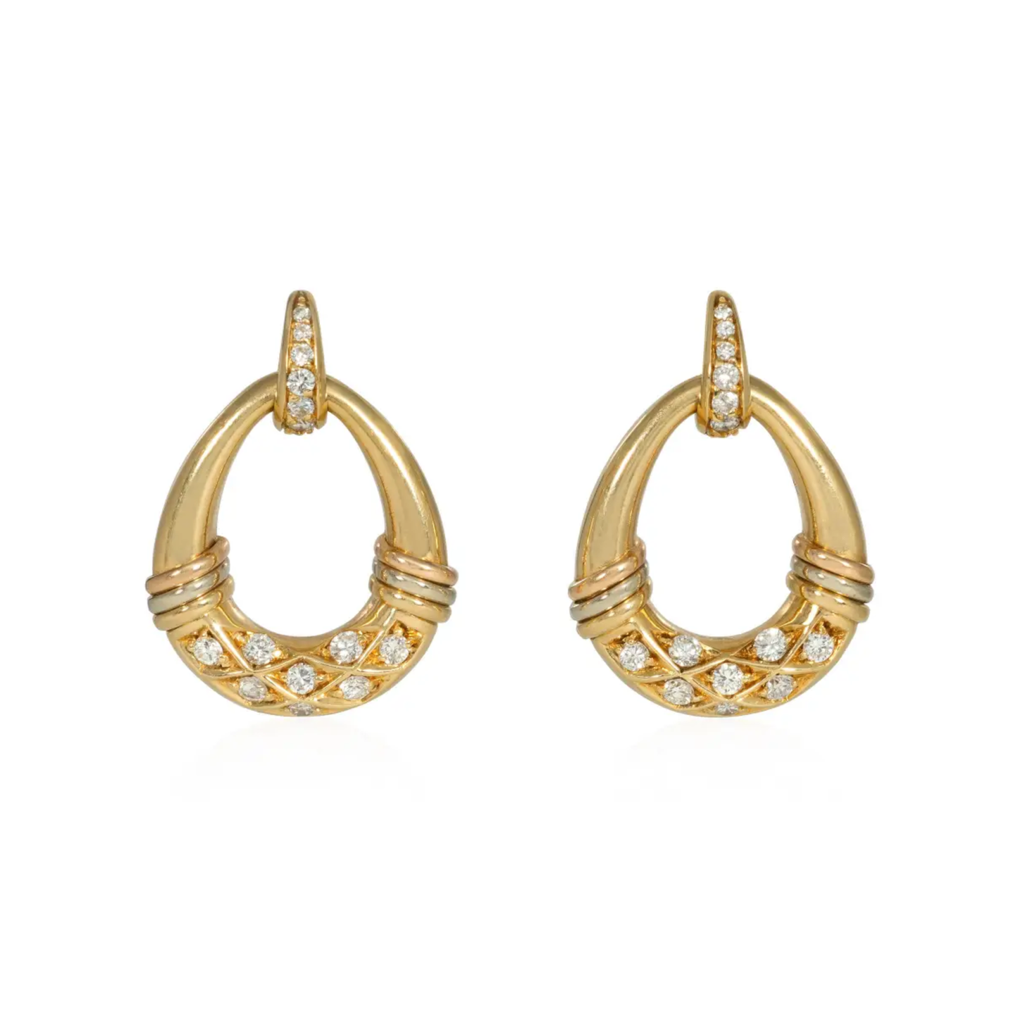 Cartier France 1980s 18KT Rose, White & Yellow Gold Diamond Earrings front