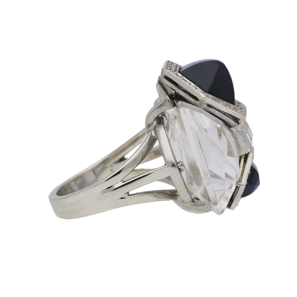 Seaman Schepps 1940s Platinum & 18KT White Gold Rock Crystal, Diamond & Sapphire Ring side