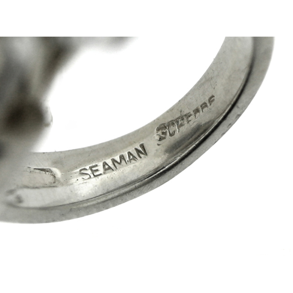 Seaman Schepps 1940s Platinum & 18KT White Gold Rock Crystal, Diamond & Sapphire Ring signature