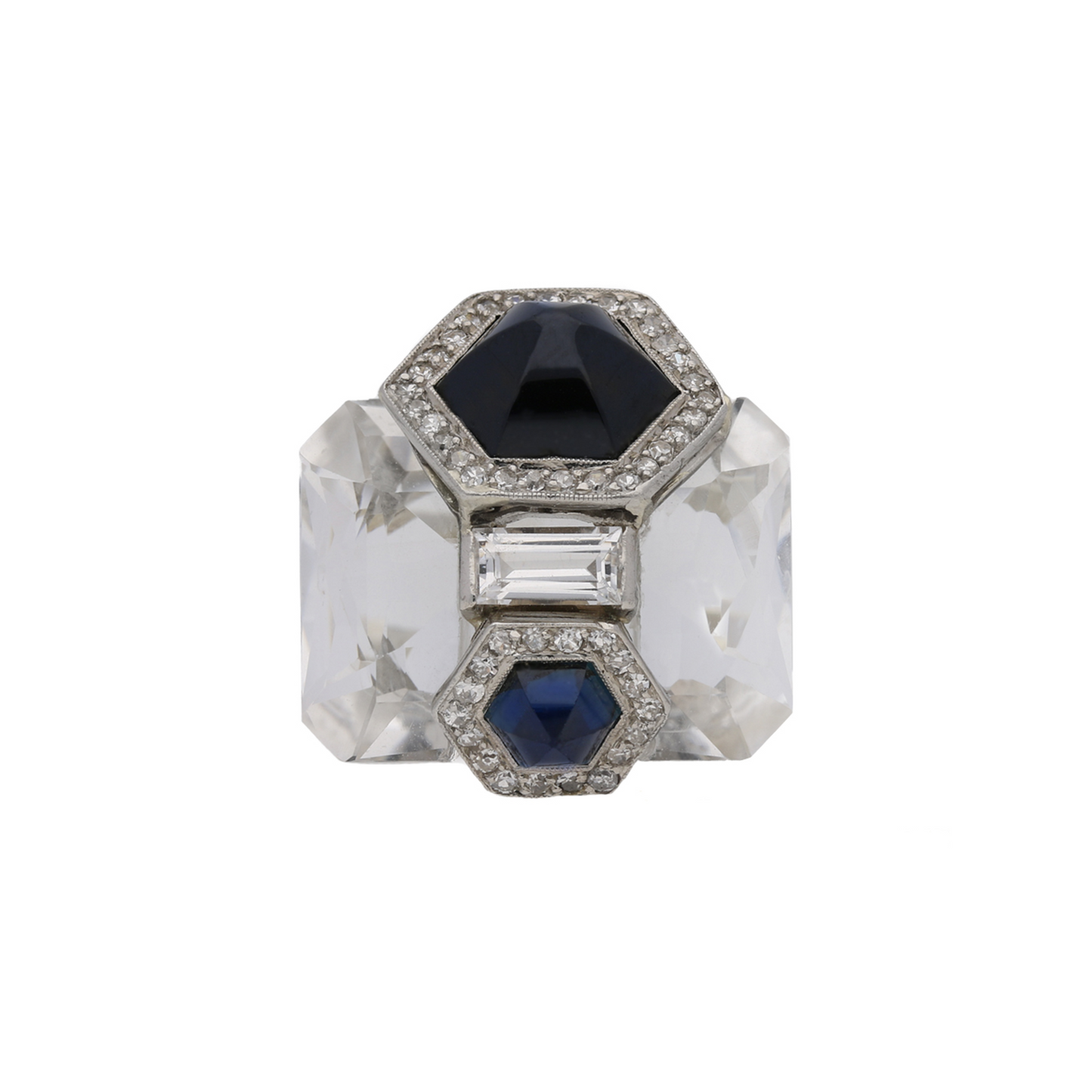 Seaman Schepps 1940s Platinum & 18KT White Gold Rock Crystal, Diamond & Sapphire Ring front